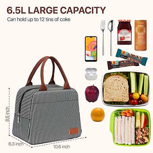 Bageri Insulated Lunch Bag Women - Lunch Bag for Women Men Reusable Lunch Box Leakproof Thermal Cooler Sack Food Handbags Case High Capacity for Work and Travel (Black White Stripe)