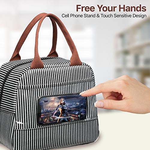 Bageri Insulated Lunch Bag Women - Lunch Bag for Women Men Reusable Lunch Box Leakproof Thermal Cooler Sack Food Handbags Case High Capacity for Work and Travel (Black White Stripe)