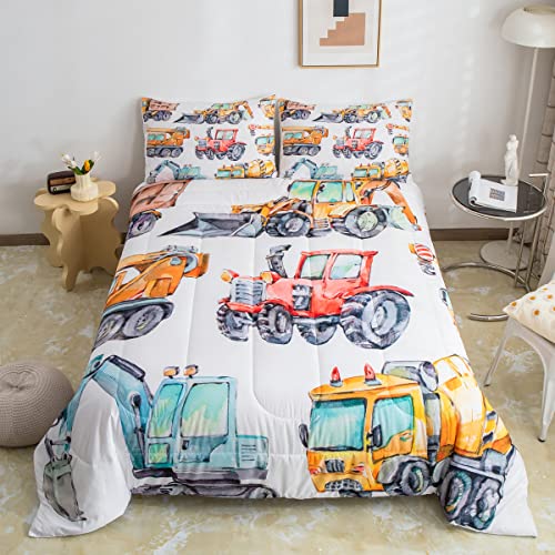 Erosebridal Kids Excavator Comforter Set Twin Size, Retro Truck Down Comforter for Boys Girls Teens, Tractor Machinery Construction Vehicle Bedding Set Crane Digger Mixer Quilted Duvet Bedroom Decor