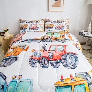 Erosebridal Kids Excavator Comforter Set Twin Size, Retro Truck Down Comforter for Boys Girls Teens, Tractor Machinery Construction Vehicle Bedding Set Crane Digger Mixer Quilted Duvet Bedroom Decor