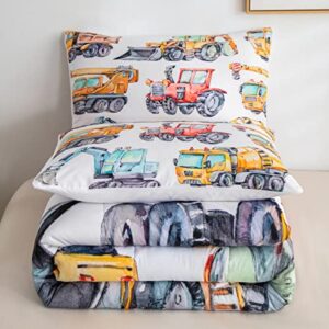 Erosebridal Kids Excavator Comforter Set Twin Size, Retro Truck Down Comforter for Boys Girls Teens, Tractor Machinery Construction Vehicle Bedding Set Crane Digger Mixer Quilted Duvet Bedroom Decor