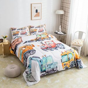 Erosebridal Kids Excavator Comforter Set Twin Size, Retro Truck Down Comforter for Boys Girls Teens, Tractor Machinery Construction Vehicle Bedding Set Crane Digger Mixer Quilted Duvet Bedroom Decor