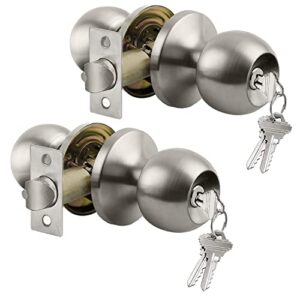 bestten [2 pack] entry door knob with lock, keyed different door lock for exterior door and front door, standard ball, satin nickel, adjustable latch