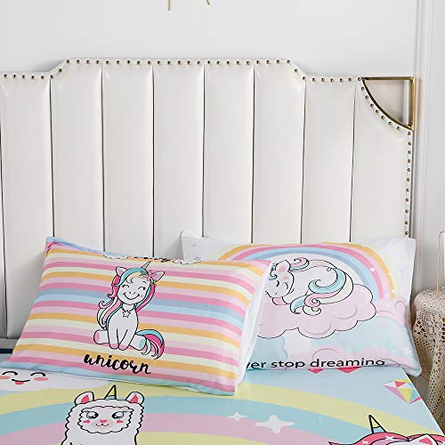 Roscloud Girls Unicorn Bed Sheets Sets Full Size - 3PC Memaind Rainbow Kids Fitted Sheet（Fitted Sheet x 1 Pillowcases x 2）
