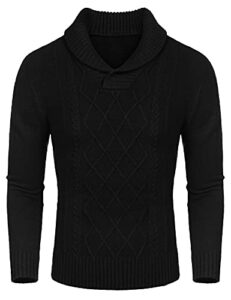coofandy men's shawl collar sweaters v-neck cotton relaxed fit cable pullover (black&, medium)