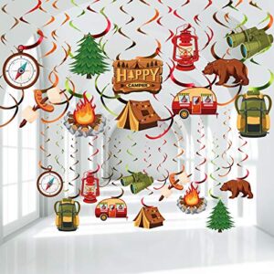 30 pieces happy camper party hanging swirls, camping adventure bears sign foil swirls ceiling decorations for boy girl camping theme birthday party baby shower indoor outdoor decoration supplies