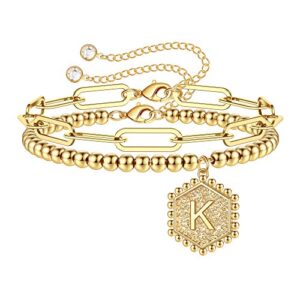 iefwell dainty gold bracelets for women teen girls, initial bracelets bead bracelet letter k paperclip link bracelets for her dainty gold bracelets for women jewelry