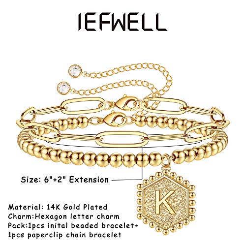 IEFWELL Dainty Gold Bracelets for Women Teen Girls, Initial Bracelets Bead Bracelet Letter K Paperclip Link Bracelets for Her Dainty Gold Bracelets for Women Jewelry