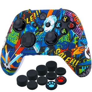 yorha silicone printing thickened cover skin case for xbox series x/s controller x 1(blue graffiti) with thumb grips x 10