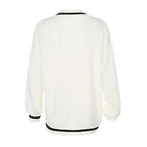 Women Color Block Sweater, Loose Knitted Long Sleeve V-Neck Warm Wool Pullover Sweater Tops (White, L)