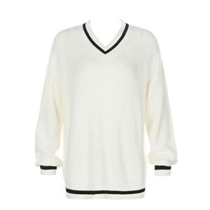 Women Color Block Sweater, Loose Knitted Long Sleeve V-Neck Warm Wool Pullover Sweater Tops (White, L)