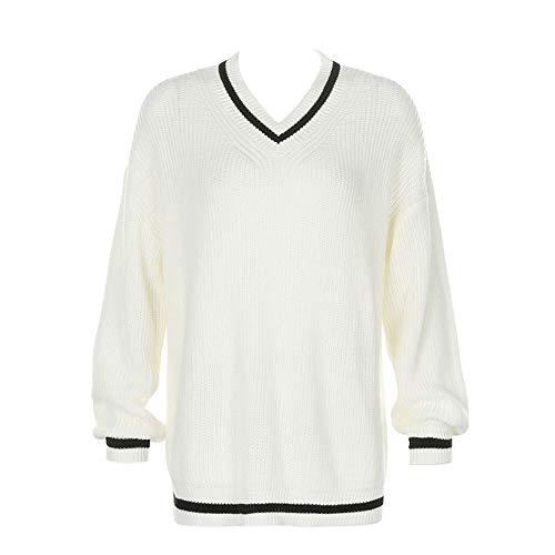 Women Color Block Sweater, Loose Knitted Long Sleeve V-Neck Warm Wool Pullover Sweater Tops (White, L)