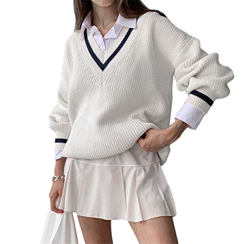 Women Color Block Sweater, Loose Knitted Long Sleeve V-Neck Warm Wool Pullover Sweater Tops (White, L)