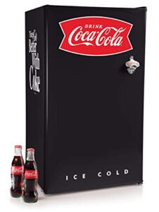 nostalgia coca-cola refrigerator with freezer, 3.2 cu. ft., adjustable temperature cools as low as 32 degrees, bottle opener, ice cube tray, scraper included, black