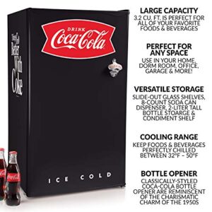 Nostalgia Coca-Cola Refrigerator with Freezer, 3.2 Cu. Ft., Adjustable Temperature Cools as Low as 32 Degrees, Bottle Opener, Ice Cube Tray, Scraper Included, Black