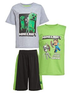 minecraft boys creepers 3 piece t-shirt tank top short set (gray heather, 4)