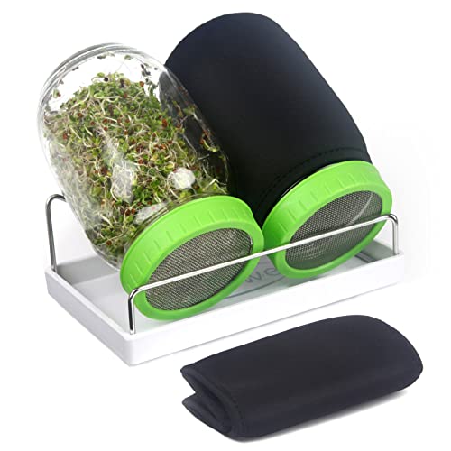 Seed Sprouting Jar Kit with Wide Mouth Mason Jars, Premium Stainless Steel Screen Sprout Lids, Blackout Sleeves, Tray and Sprouter Stand - Growing Broccoli, Alfalfa, Mung Beans and More