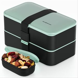 bentoheaven premium bento box adult lunch box with 2 compartments (40oz), cutlery & set of chopsticks, large dip container, cute black japanese bento box, rectangle, microwavable (billie green)