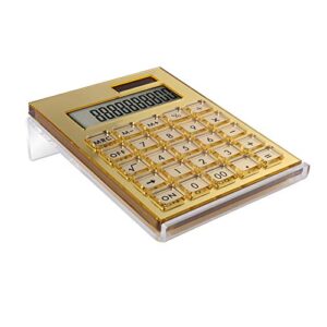 exputran acrylic calculator with stand, battery and solar hybrid powered basic calculator 12-digit lcd display,home office desktop accessories(gold)