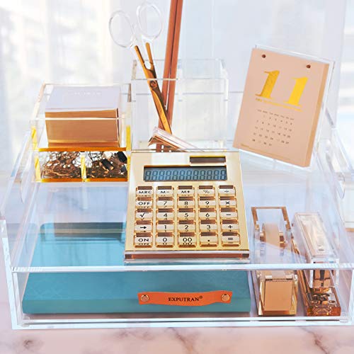 EXPUTRAN Acrylic Calculator with Stand, Battery and Solar Hybrid Powered Basic Calculator 12-Digit LCD Display,Home Office Desktop Accessories(Gold)