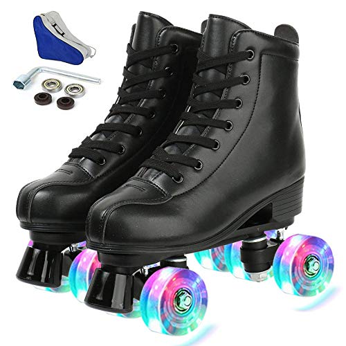 YYW Roller Skates for Women Men, High Top PU Leather Classic Double-Row Roller Skates, Indoor Outdoor Roller Skates for Beginner a Shoes Bag (Black Flash Wheel, 39)