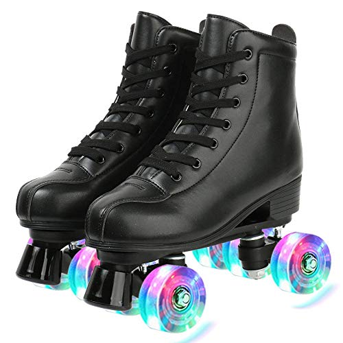 YYW Roller Skates for Women Men, High Top PU Leather Classic Double-Row Roller Skates, Indoor Outdoor Roller Skates for Beginner a Shoes Bag (Black Flash Wheel, 39)