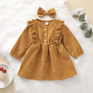 YQYJA Toddler Baby Girls Fall Winter Corduroy Ruffle Long Sleeve Dress Headband Kids Dresses (Mustard Yellow, 6-12 Months)