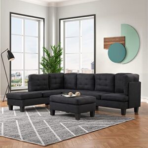 Casa Andrea Milano 3 Piece Modern Tufted Micro Suede L Shaped Sectional Sofa Couch with Reversible Chaise & Ottoman, Large