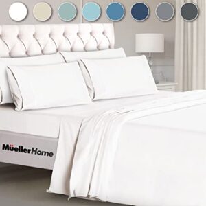 mueller ultratemp king size sheets set, super soft 1800, 6 piece, deep pocket up to 16" bed sheets, transfers heat, breathes better, hypoallergenic, wrinkle, white