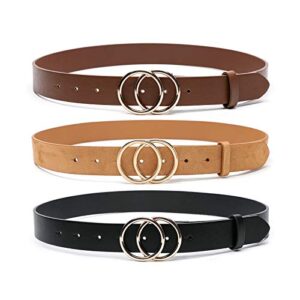 moreless 3 pack women's faux leather belts for jeans dress pants, fashion waist belts with double o-ring buckle medium