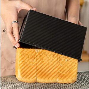 Kofebe Non-Stick Loaf Pan Carbon Steel Corrugated Baking Bread Pan Bread Toast Mold with Cover for Oven-1lb (450g) Black