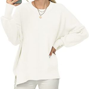 ANRABESS Women's Casual Long Sleeve Oversized Crew Neck Solid Color Side Slit Loose Warm Knit Pullover 2023 Fall Sweater Tops White A305baise-L