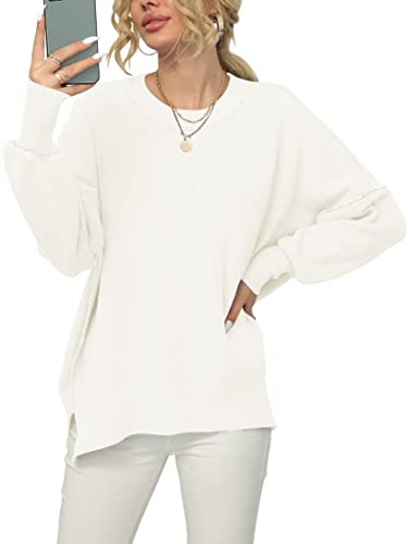 ANRABESS Women's Casual Long Sleeve Oversized Crew Neck Solid Color Side Slit Loose Warm Knit Pullover 2023 Fall Sweater Tops White A305baise-L