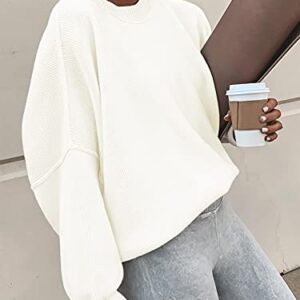 ANRABESS Women's Casual Long Sleeve Oversized Crew Neck Solid Color Side Slit Loose Warm Knit Pullover 2023 Fall Sweater Tops White A305baise-L