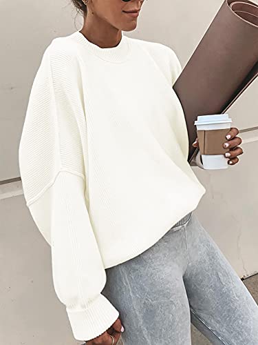 ANRABESS Women's Casual Long Sleeve Oversized Crew Neck Solid Color Side Slit Loose Warm Knit Pullover 2023 Fall Sweater Tops White A305baise-L