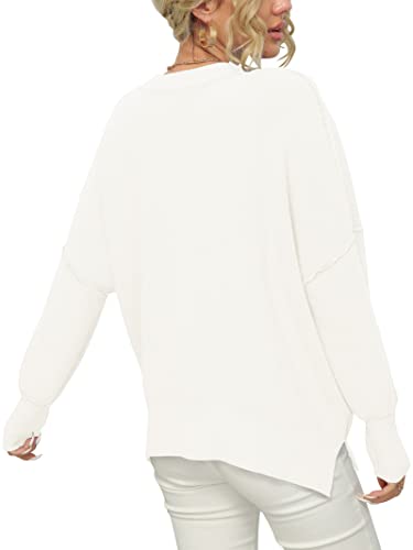 ANRABESS Women's Casual Long Sleeve Oversized Crew Neck Solid Color Side Slit Loose Warm Knit Pullover 2023 Fall Sweater Tops White A305baise-L