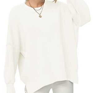 ANRABESS Women's Casual Long Sleeve Oversized Crew Neck Solid Color Side Slit Loose Warm Knit Pullover 2023 Fall Sweater Tops White A305baise-L