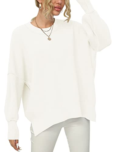 ANRABESS Women's Casual Long Sleeve Oversized Crew Neck Solid Color Side Slit Loose Warm Knit Pullover 2023 Fall Sweater Tops White A305baise-L