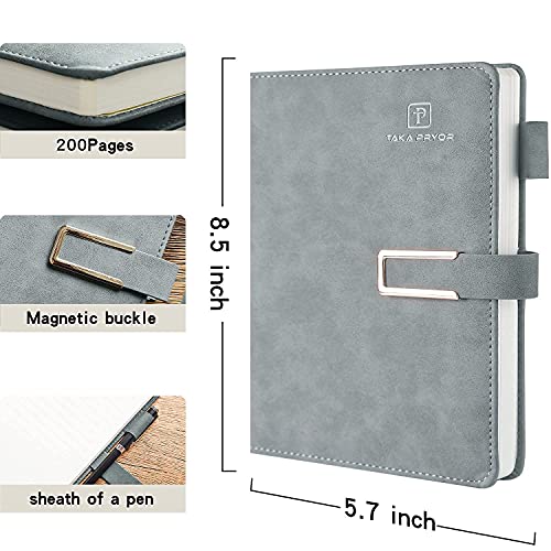 TAKA PRYOR Leather Journal Notebook Lined, Hardcover Magnetic Closure, Personal Writing Notebooks, with Pen Loop，Medium 5.7 x 8.3 inches, 120 GSM Paper Gifts Gray Ruled