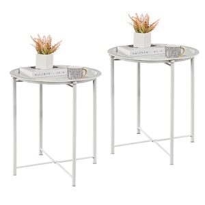 VECELO Modern End Side Tables,Round Metal Foldable Tray,Stable Snack Nightstand for Outdoors,Small Space,Living Room and Balcony, 18.5 in x 18.5 in x 19.7 in, Beige Set of 2