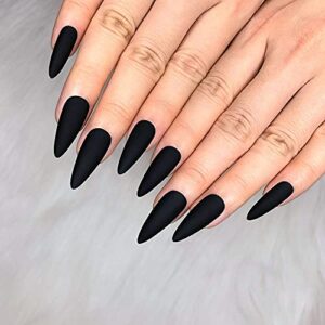 morily 24pcs fake nails matte pure color medium long stiletto almond press on nail false tips artificial finger manicure for women and girls (black)