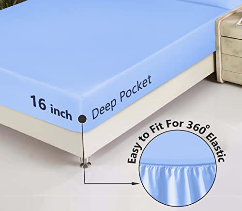 RUVANTI 100% Cotton Sheets for Queen Size Bed - Crispy Cooling Percale Sheets - Breathable & Durable Queen Sheet Set - 16 Inches Deep Pocket Queen Size Sheets - Blue - 4 Pieces