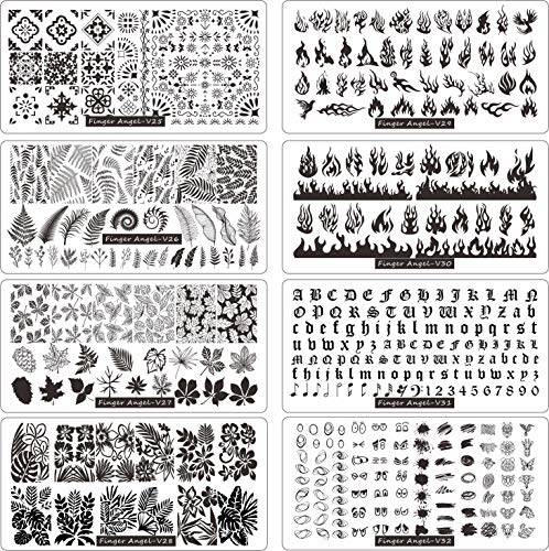 FingerAngel 13pcs Nail Stamp Plates set 8 plate 2Stamper 2Scraper 1storage bag Nails Art Stamping Plate Scraper Stamper Set Leaves Flowers Animal Nail plate Template Image Plate