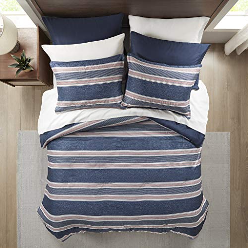 Comfort Spaces Bed in A Bag Comforter Set - College Dorm Room Essentials for Boys Men Bedding, Complete Dormitory Bedroom Pack And Sheet with 2 Side Pockets, Full, Stripes Navy/Red