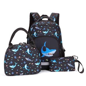 3 pieces shark sea animal primary middle school boys large backpack water resistant bookbag set with lunch kits
