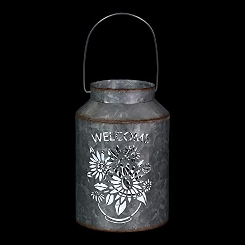 Exhart Solar “Welcome” Cute Pail Lantern, Outdoor LED Garden Light, Durable Stamped Metal, 5.5” X 8”