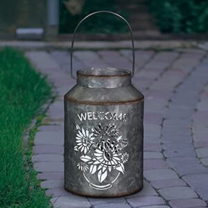 exhart solar “welcome” cute pail lantern, outdoor led garden light, durable stamped metal, 5.5” x 8”