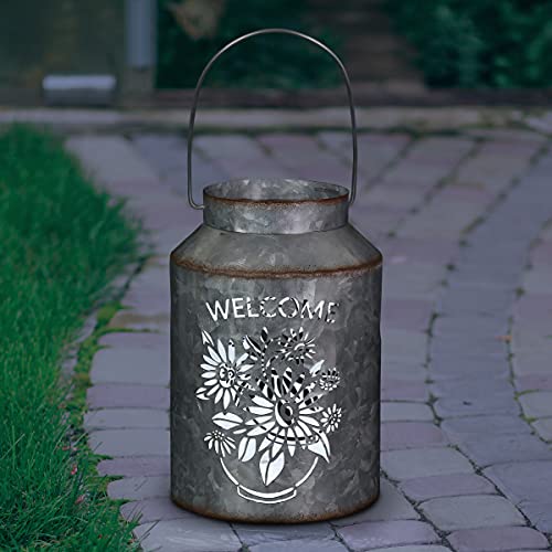 Exhart Solar “Welcome” Cute Pail Lantern, Outdoor LED Garden Light, Durable Stamped Metal, 5.5” X 8”