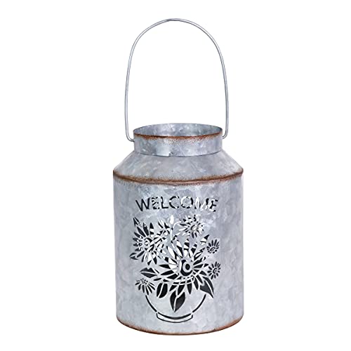 Exhart Solar “Welcome” Cute Pail Lantern, Outdoor LED Garden Light, Durable Stamped Metal, 5.5” X 8”