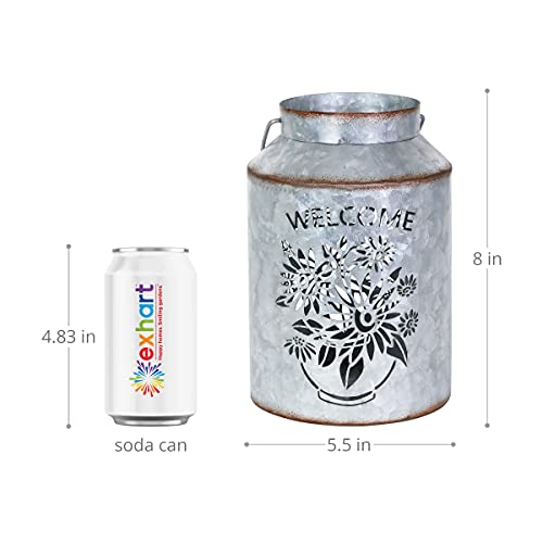 Exhart Solar “Welcome” Cute Pail Lantern, Outdoor LED Garden Light, Durable Stamped Metal, 5.5” X 8”